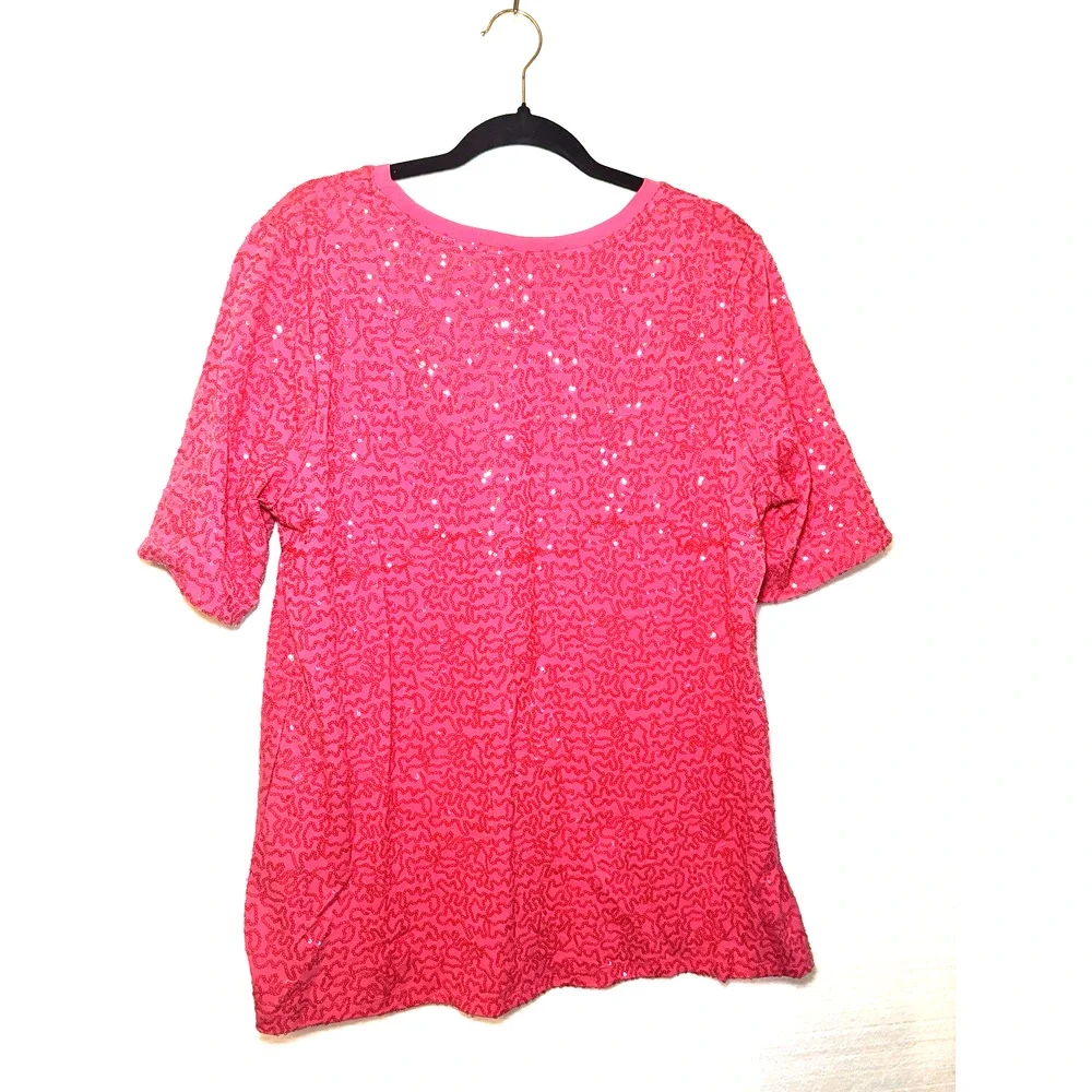 Isaac Mizrahi Live! Sequin Short Sleeve Hot Pink NWOT SZ L Holiday Resort Cruise - Picture 2 of 6